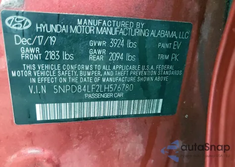 2020 Hyundai Elantra Sel z USA, uszkodzony, nr VIN 5NPD84LF2LH576780